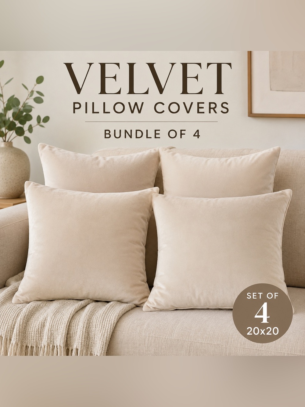 Velvet Decorative Pillow Covers Bundle of 3 Beige 20x20 Soft Home Decor